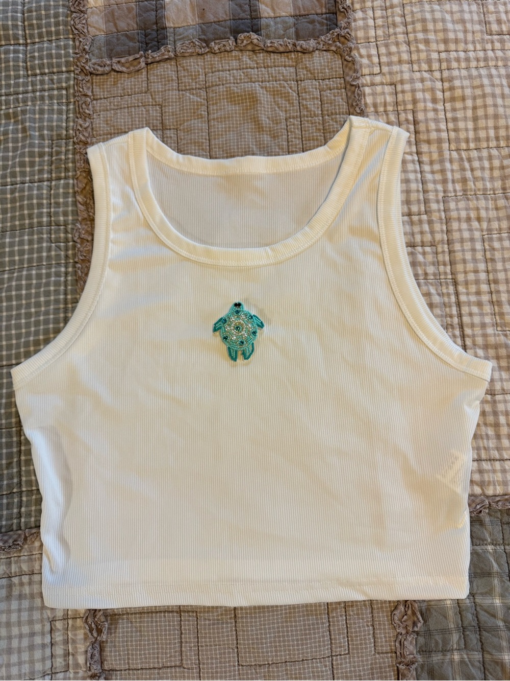 SHEIN White Ribbed Crop Tank with Teal Turtle Patch